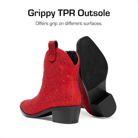 ⚡Girls Red Cowgirl Rhinestone Zipper Boots Ankle Low Heel Dress Booties - Picture 4 of 5